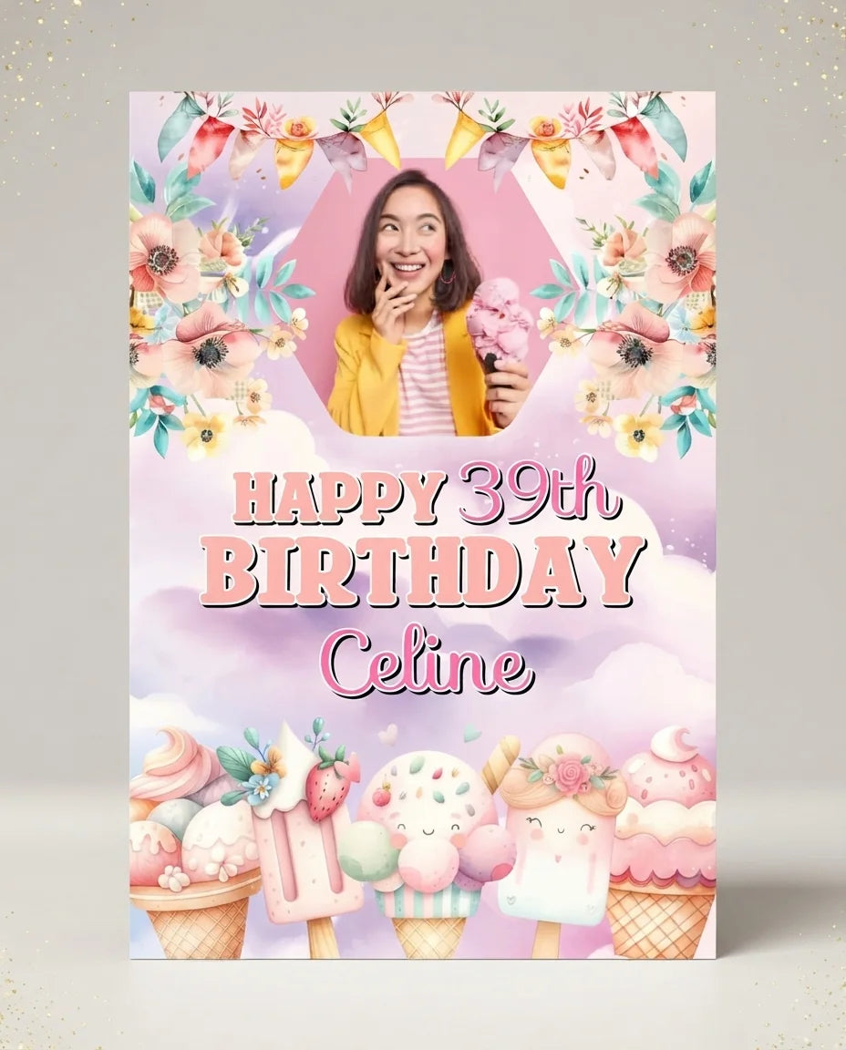 Personalised Whimsical Ice Cream Theme Birthday Party Mega Card displayed against a plain studio background
