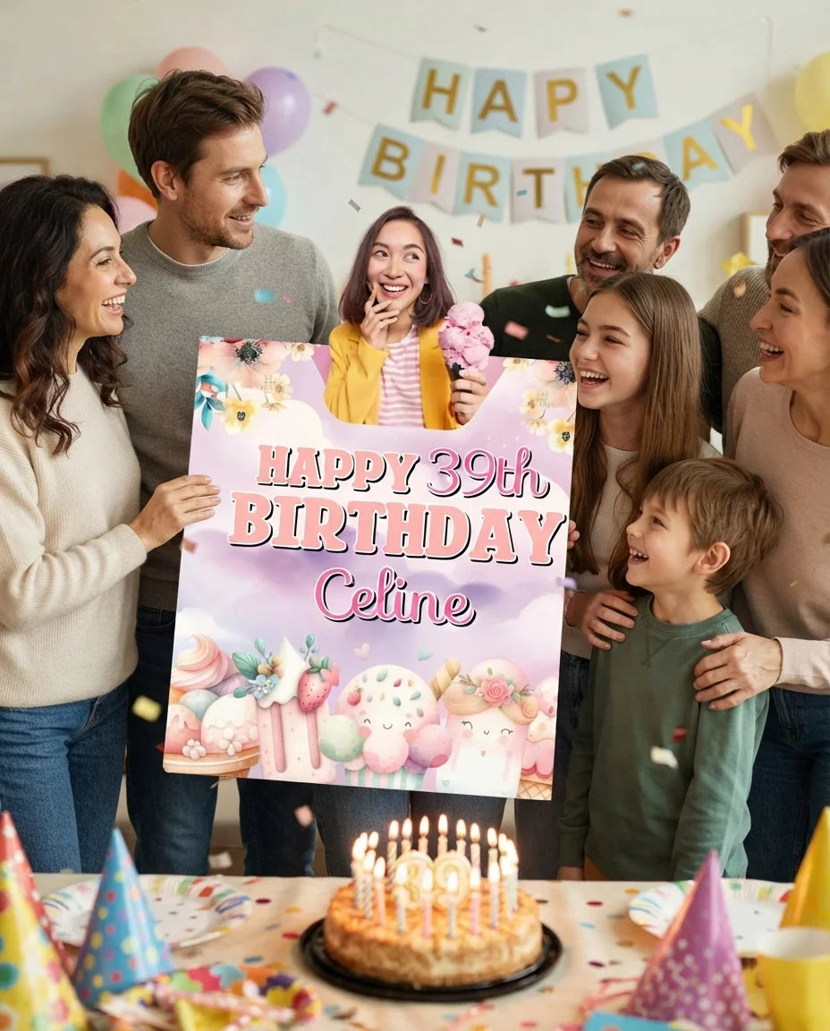 Friends and family celebrating with the personalised Whimsical Ice Cream Theme Birthday Party Mega Card