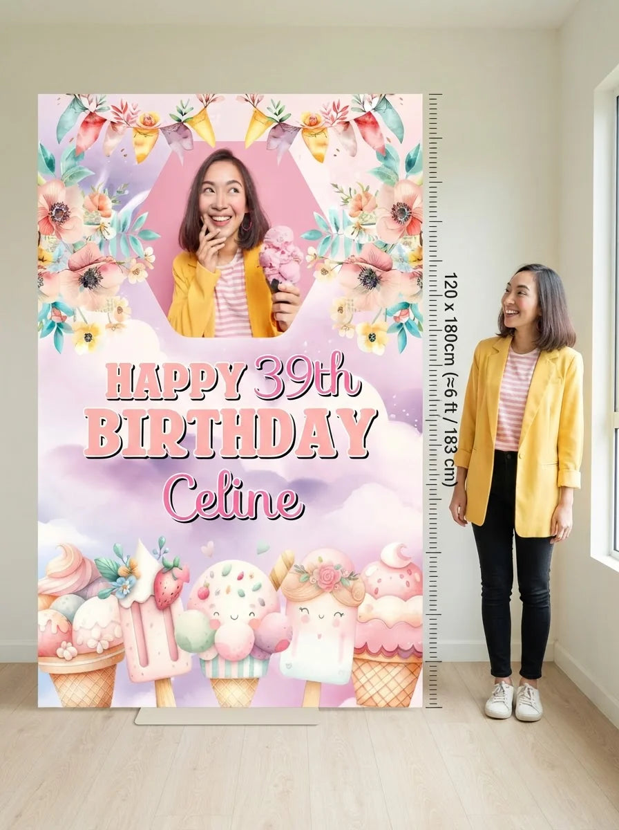 Person standing beside the Whimsical Ice Cream Theme Birthday Party Mega Card for scale in a size guide