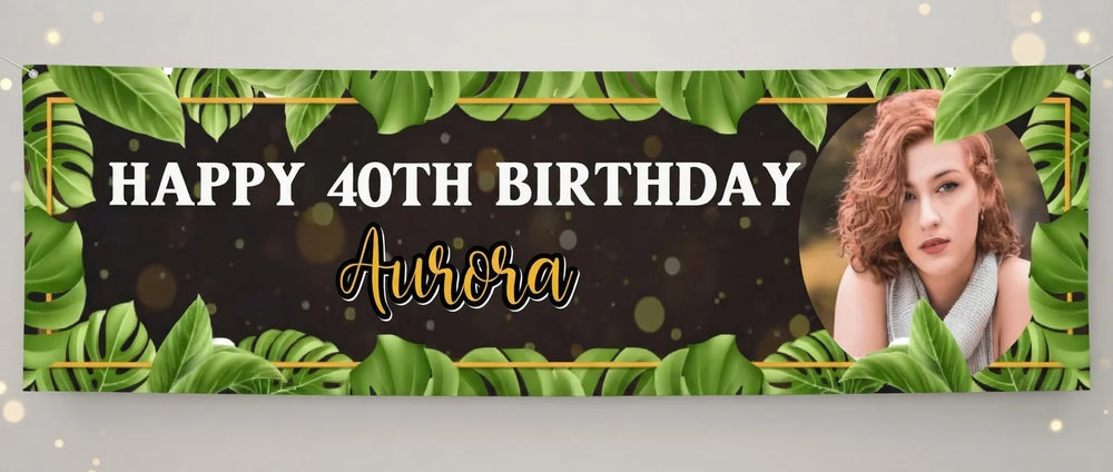 Personalised Black Tropical Birthday Party Banner displayed against a plain studio background