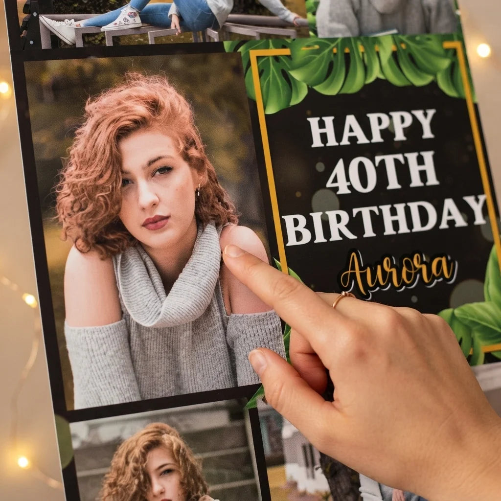 Close-up of the personalised name and photo printed on the Black Tropical Birthday Party Mega Card