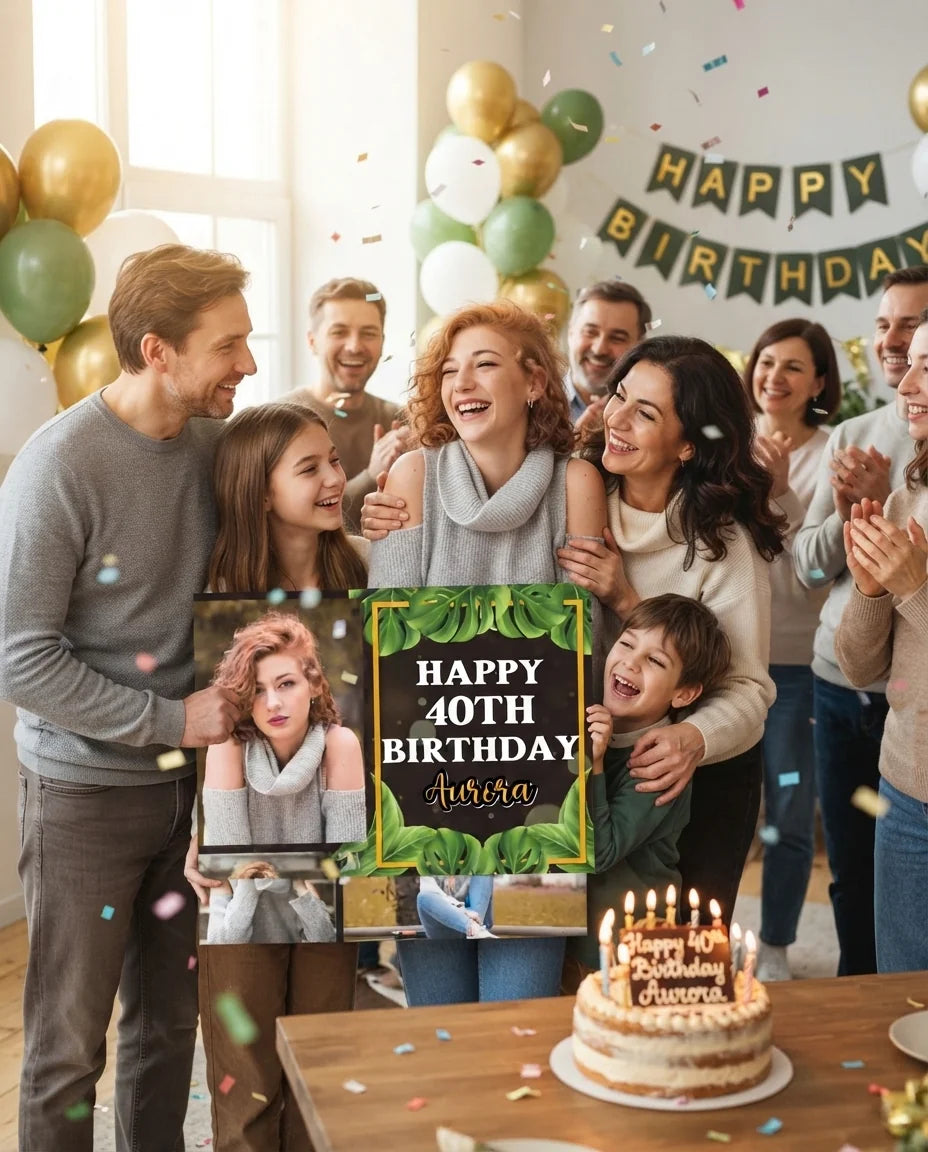 Friends and family celebrating with the personalised Black Tropical Birthday Party Mega Card