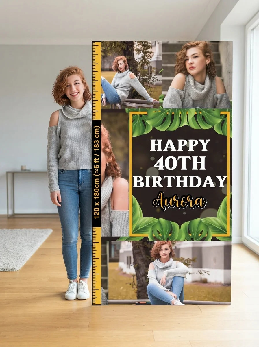 Person standing beside the Black Tropical Birthday Party Mega Card for scale in a size guide