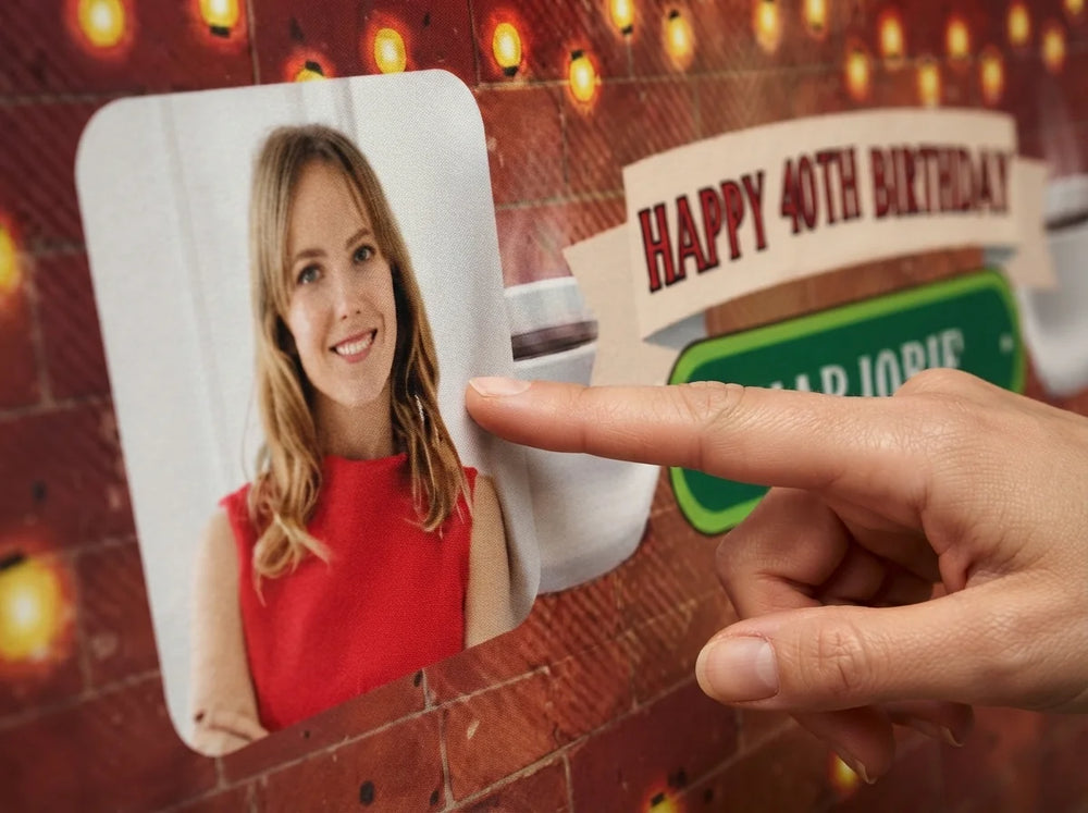 Close-up of the personalised name and photo printed on the F.R.I.E.N.D.S. Birthday Party Banner