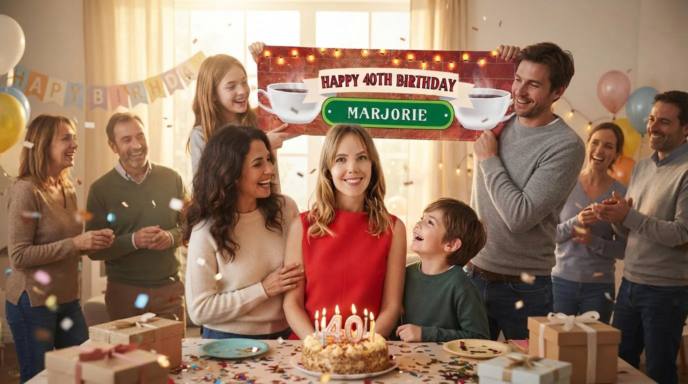 Friends and family celebrating with the personalised F.R.I.E.N.D.S. Birthday Party Banner