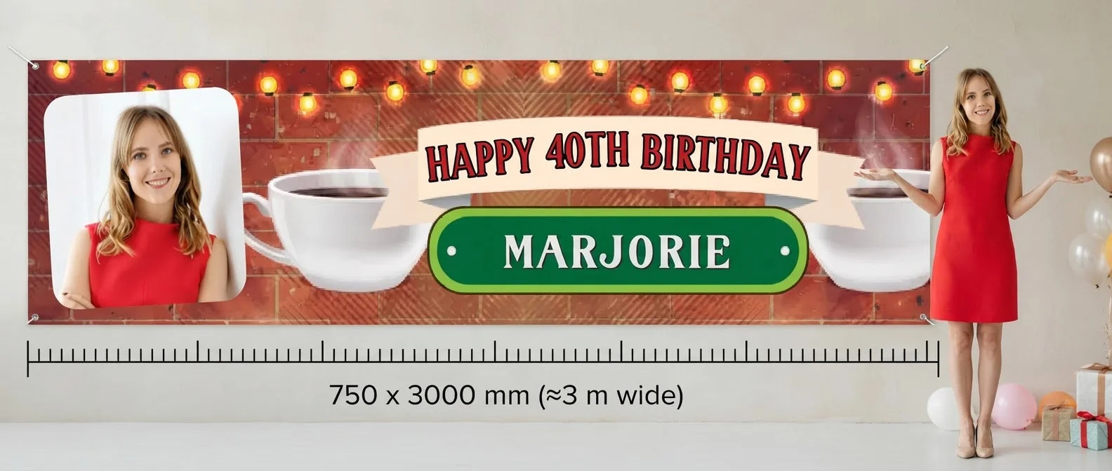 Person standing beside the F.R.I.E.N.D.S. Birthday Party Banner for scale, with size guide showing 750 x 3000 mm
