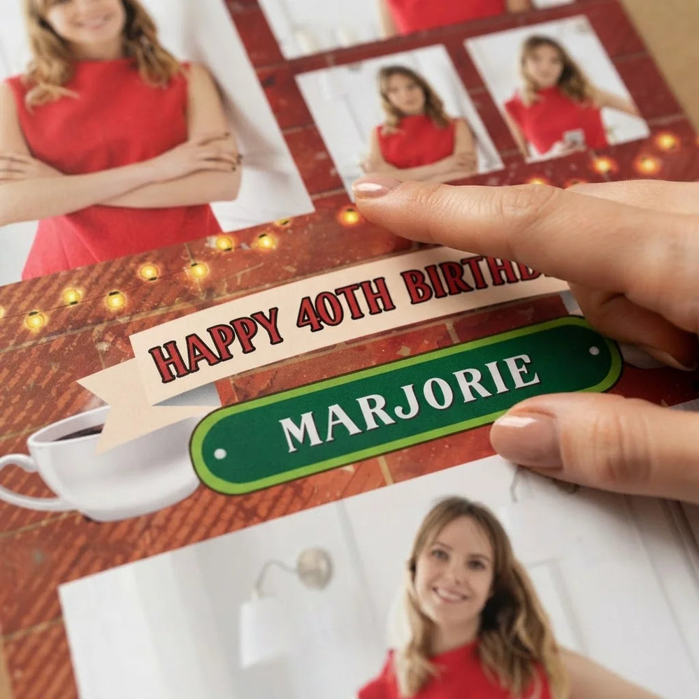 Close-up of the personalised name and photo printed on the F.R.I.E.N.D.S. Birthday Party Mega Card