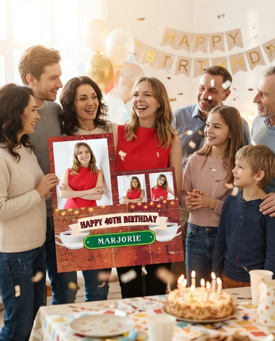 Friends and family celebrating with the personalised F.R.I.E.N.D.S. Birthday Party Mega Card