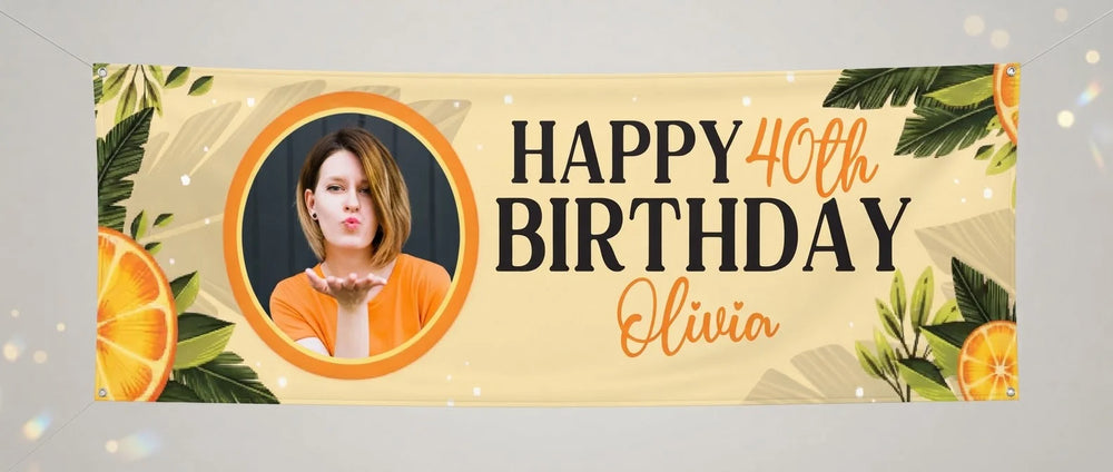 Personalised Orange Citrus Birthday Party Banner displayed against a plain studio background