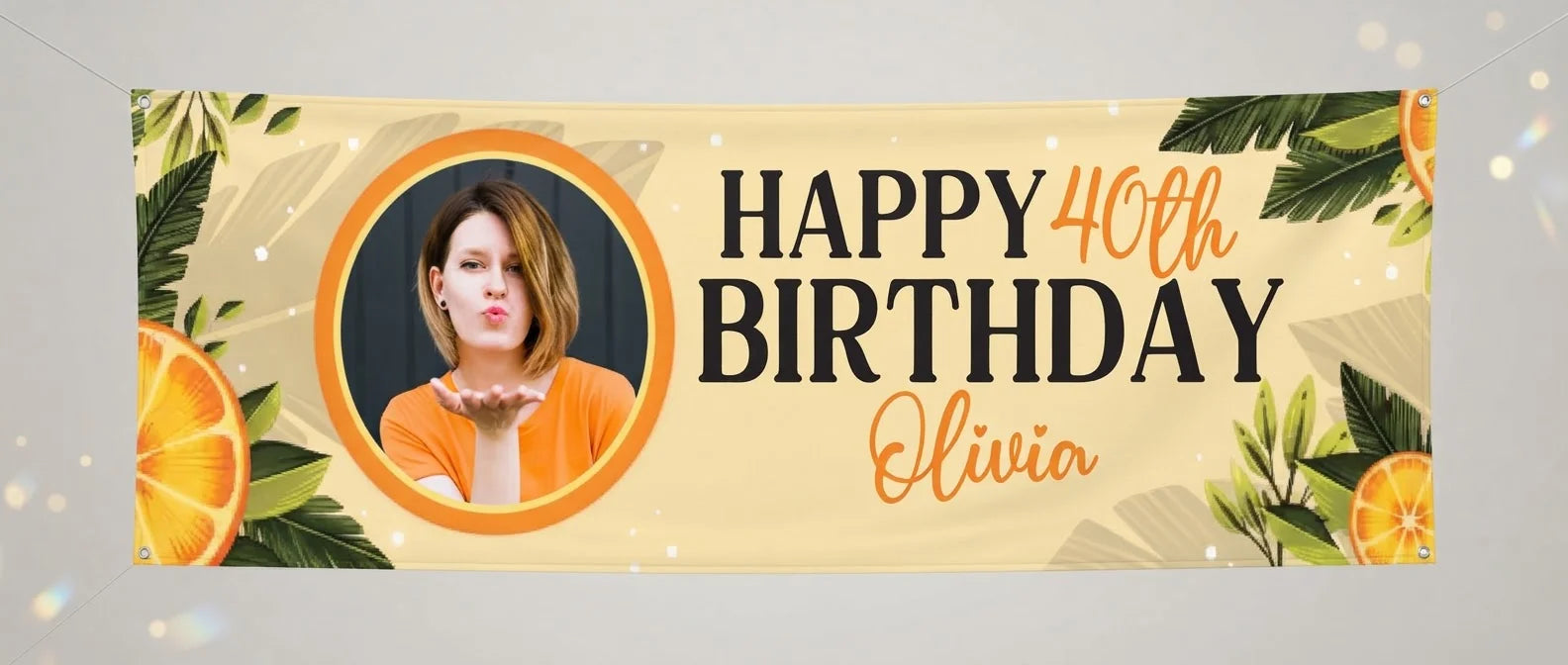 Personalised Orange Citrus Birthday Party Banner displayed against a plain studio background