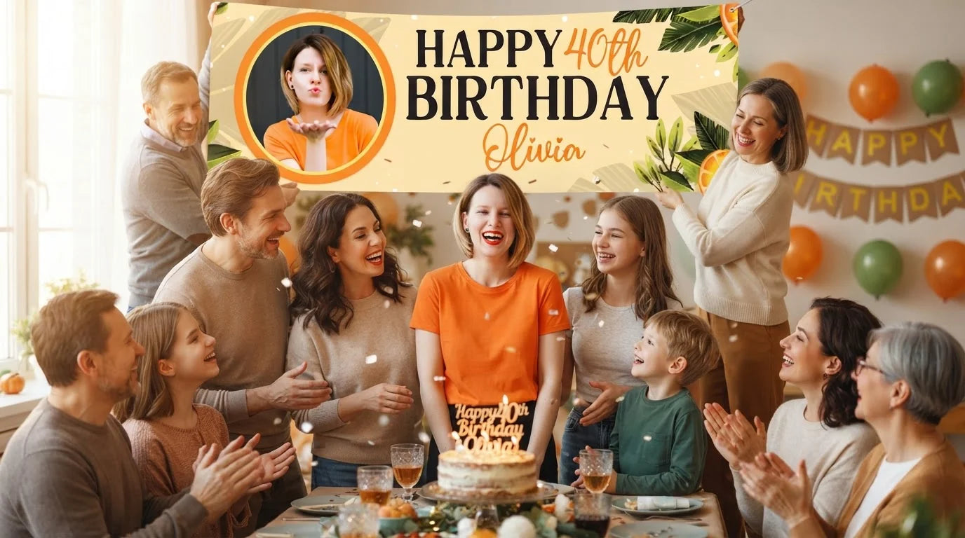 Friends and family celebrating with the personalised Orange Citrus Birthday Party Banner