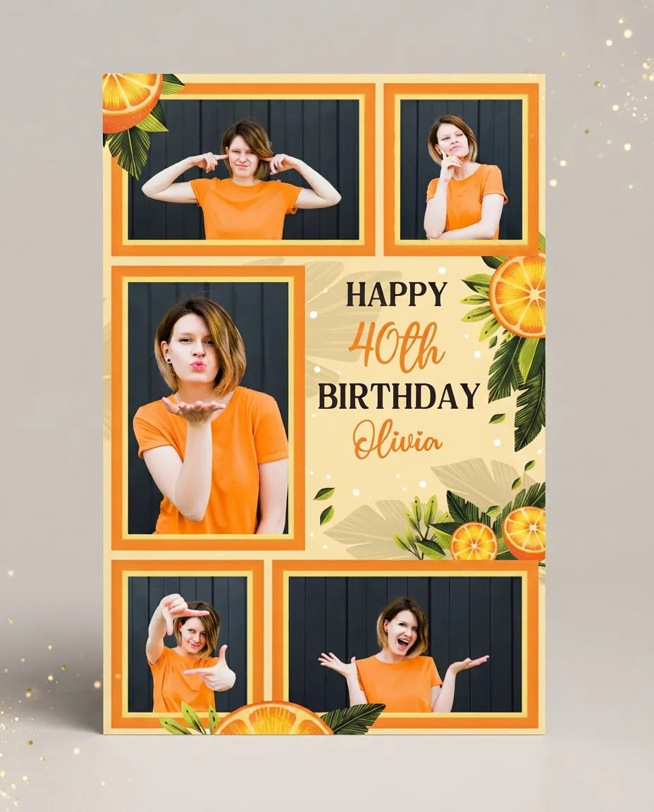 Personalised Orange Citrus Birthday Party Mega Card displayed against a plain studio background
