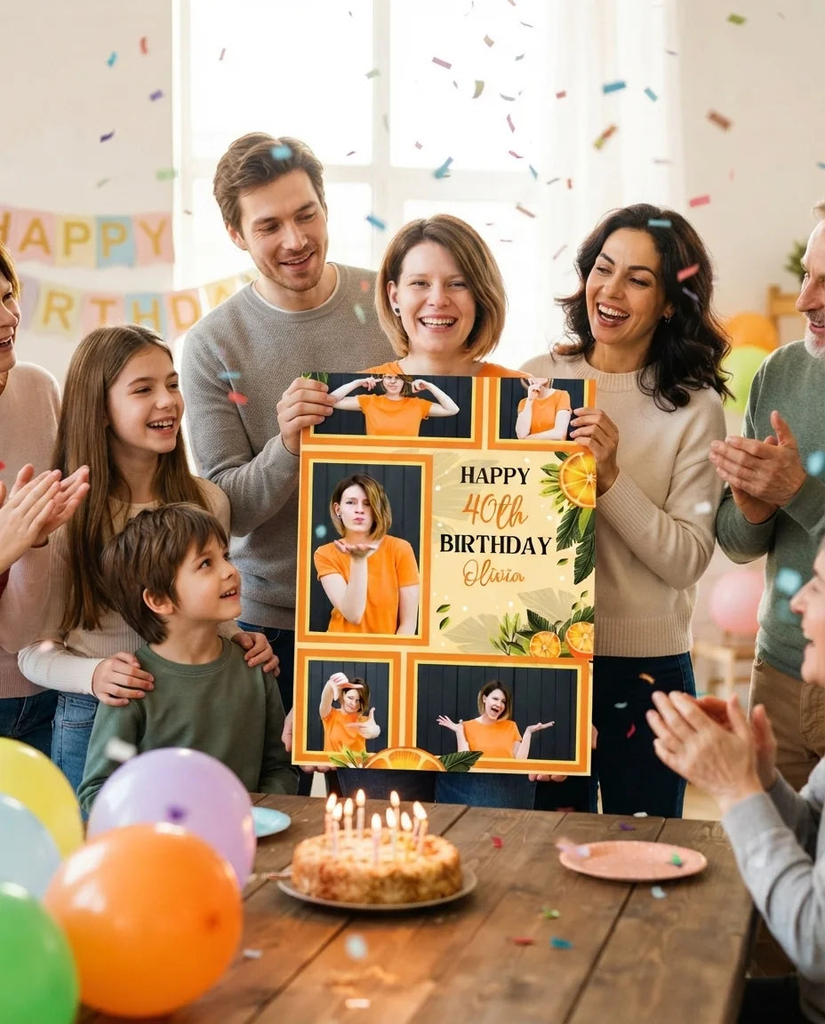 Friends and family celebrating with the personalised Orange Citrus Birthday Party Mega Card