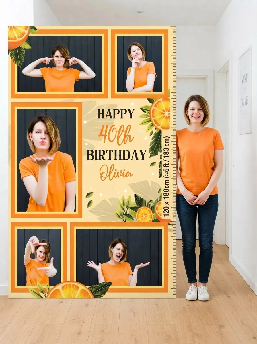 Person standing beside the Orange Citrus Birthday Party Mega Card for scale in a size guide