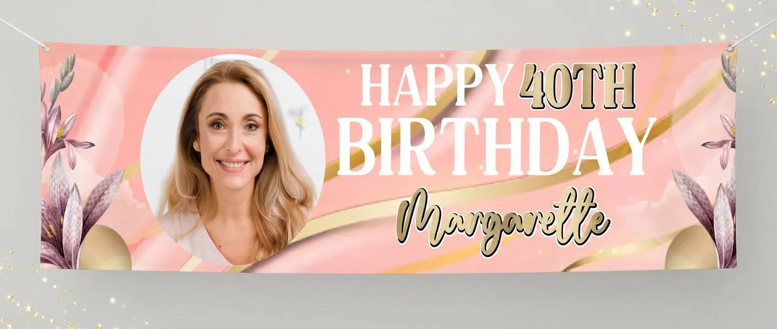 Personalised Pink and Gold Theme Birthday Party Banner displayed against a plain studio background