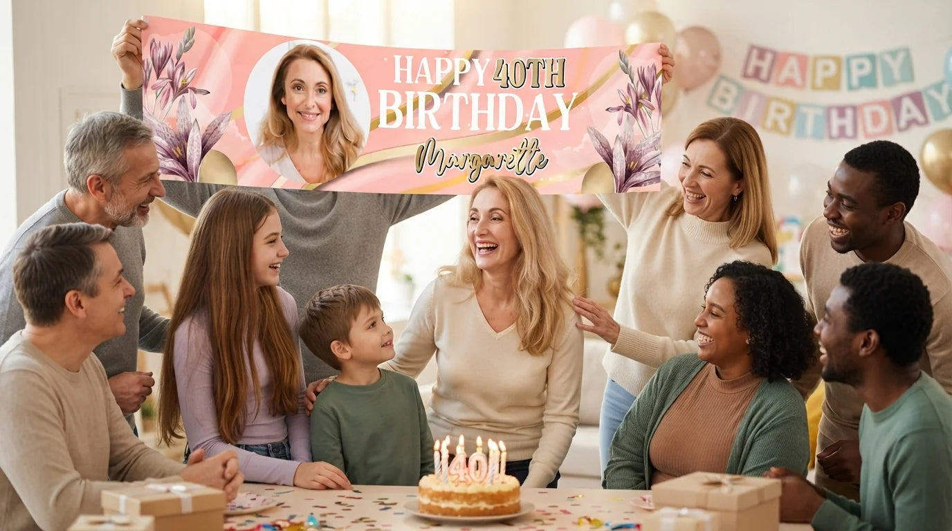 Friends and family celebrating with the personalised Pink and Gold Theme Birthday Party Banner