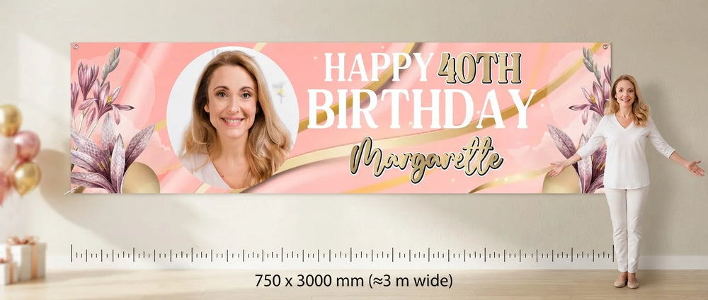 Person standing beside the Pink and Gold Theme Birthday Party Banner for scale, with size guide showing 750 x 3000 mm