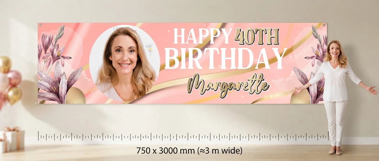 Person standing beside the Pink and Gold Theme Birthday Party Banner for scale, with size guide showing 750 x 3000 mm