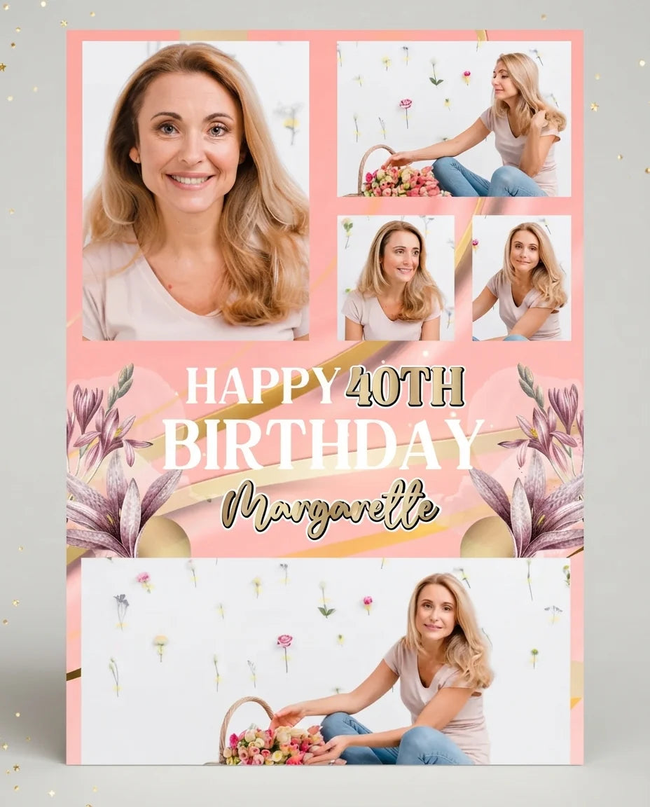Personalised Pink and Gold Theme Birthday Party Mega Card displayed against a plain studio background