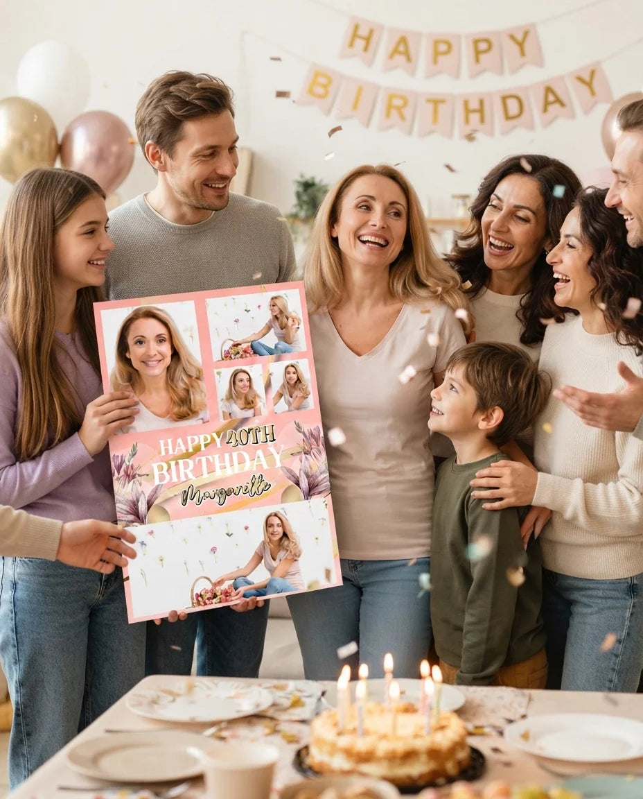 Friends and family celebrating with the personalised Pink and Gold Theme Birthday Party Mega Card