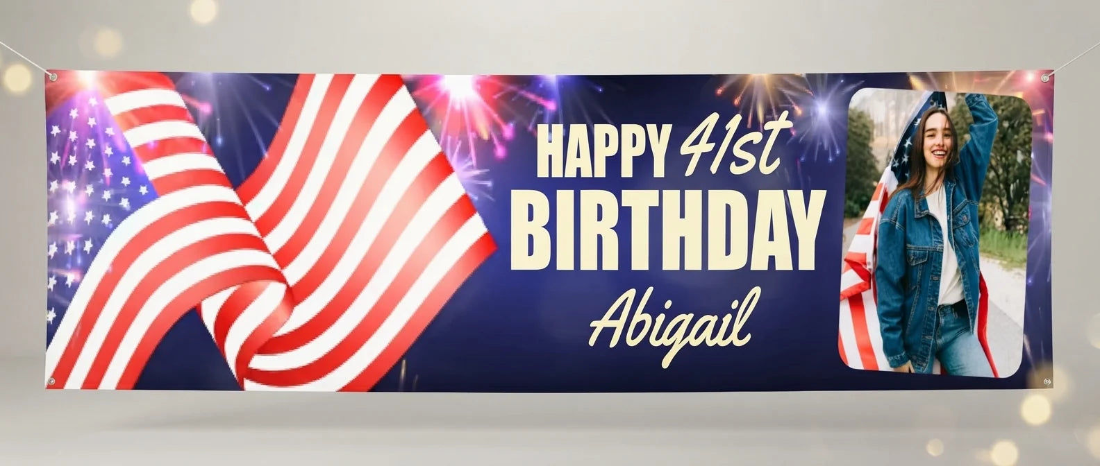 Personalised 4th of July Theme Birthday Party Banner displayed against a plain studio background