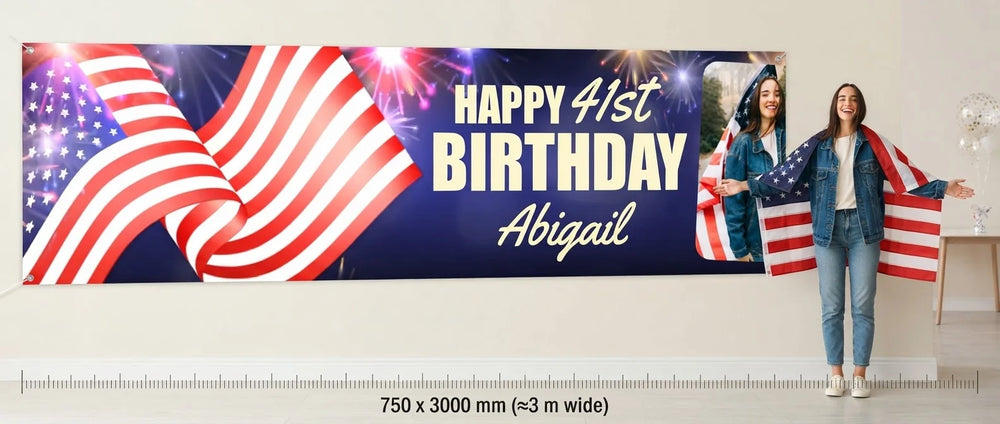 Person standing beside the 4th of July Theme Birthday Party Banner for scale, with size guide showing 750 x 3000 mm