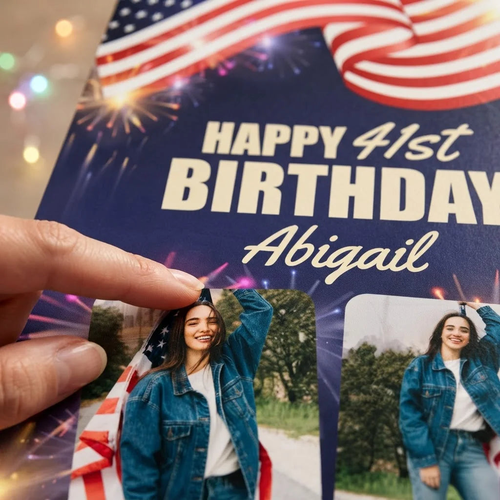 Close-up of the personalised name and photo printed on the 4th of July Theme Birthday Party Mega Card