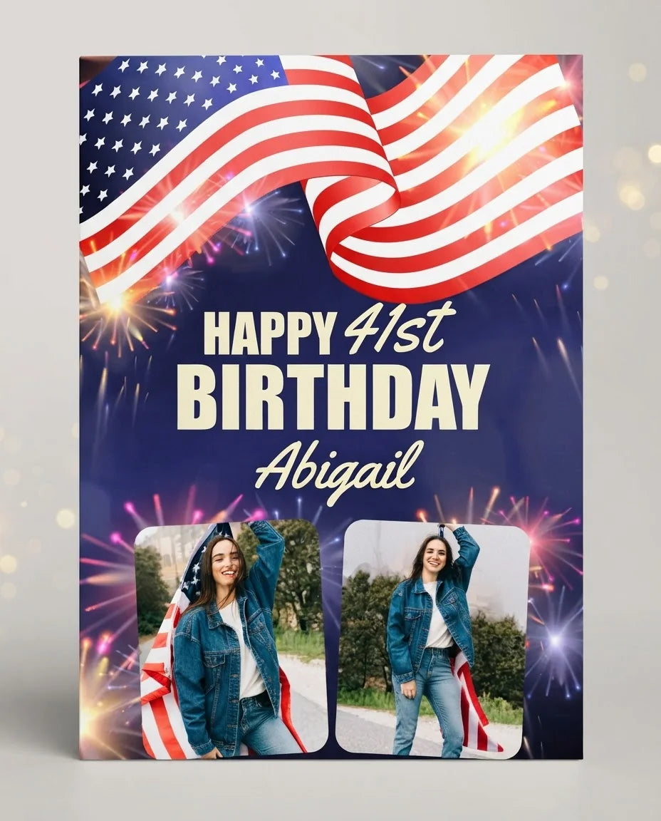 Personalised 4th of July Theme Birthday Party Mega Card displayed against a plain studio background