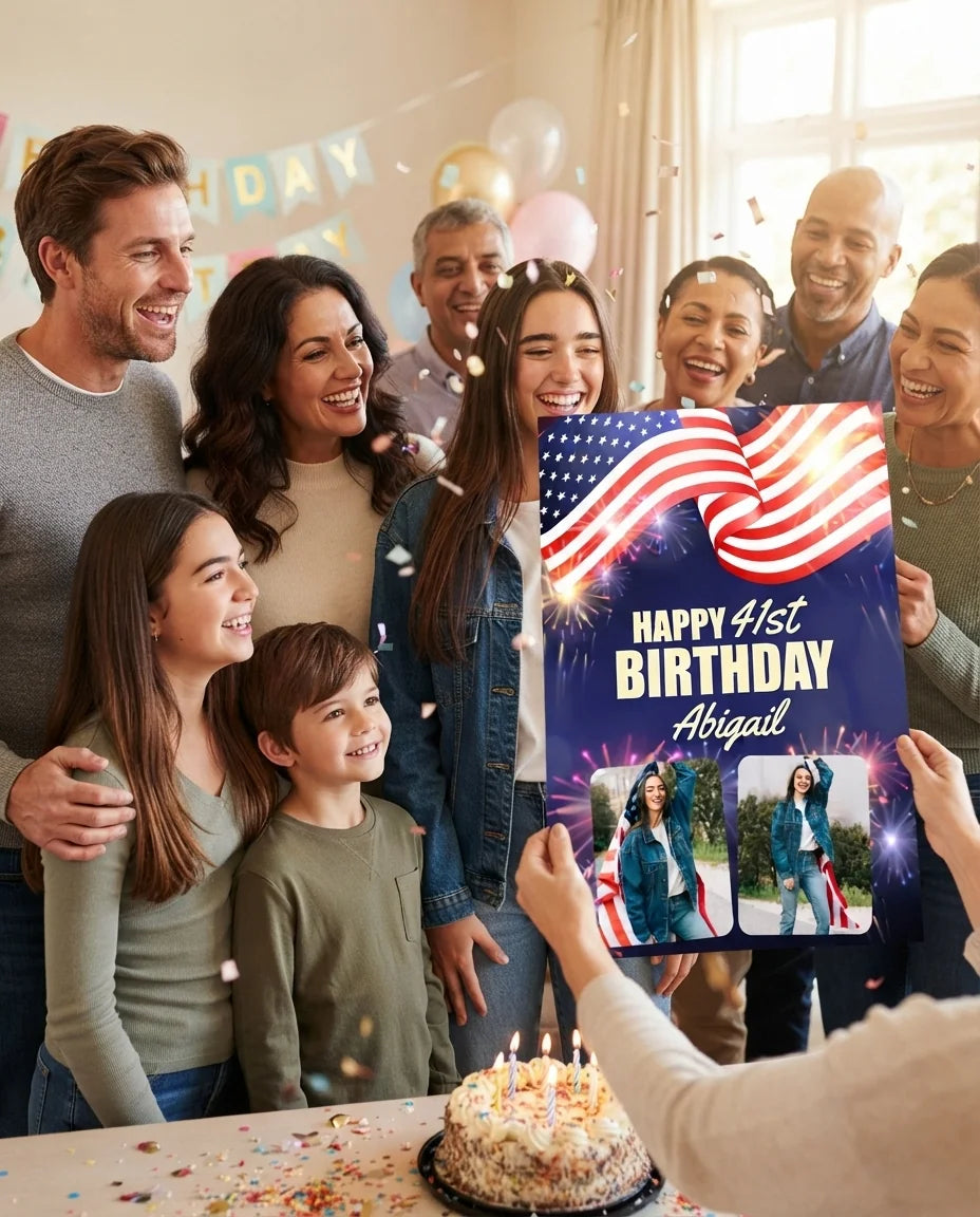 Friends and family celebrating with the personalised 4th of July Theme Birthday Party Mega Card