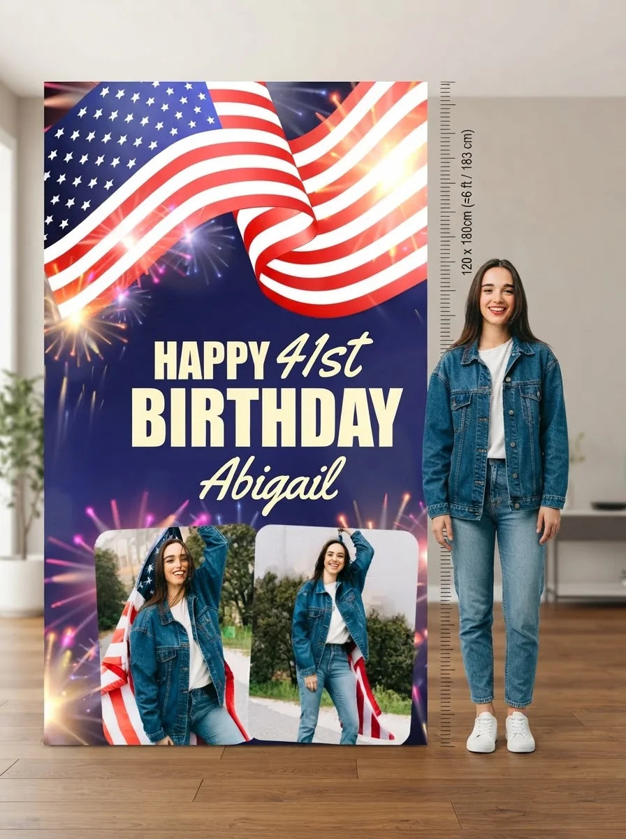 Person standing beside the 4th of July Theme Birthday Party Mega Card for scale in a size guide