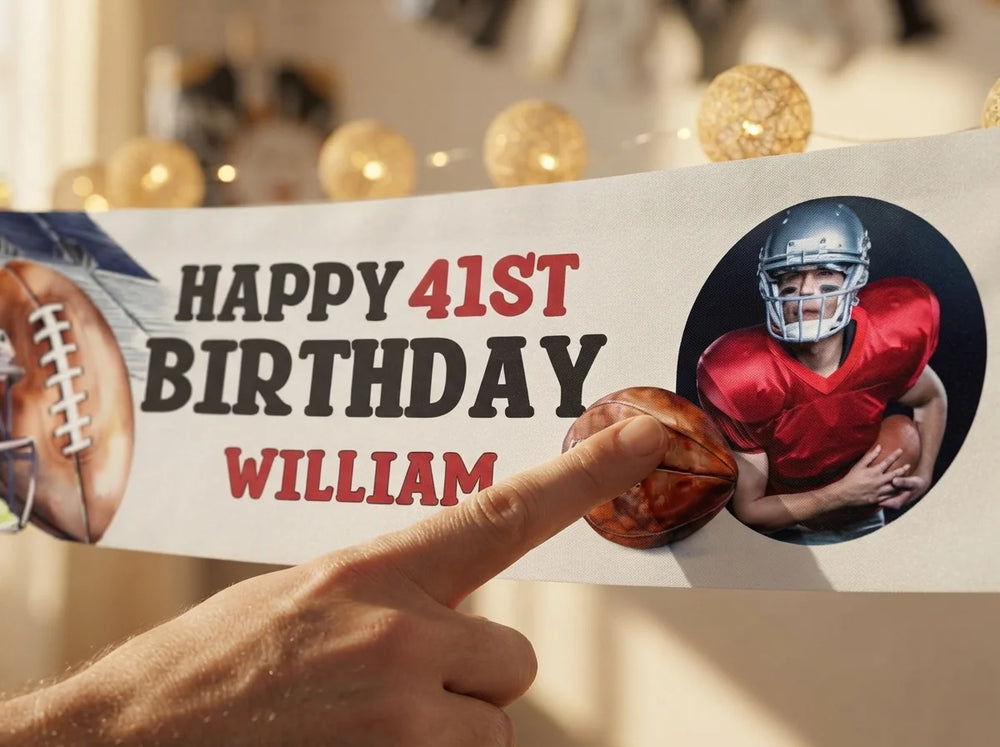 Close-up of the personalised name and photo printed on the American Football Theme Birthday Party Banner