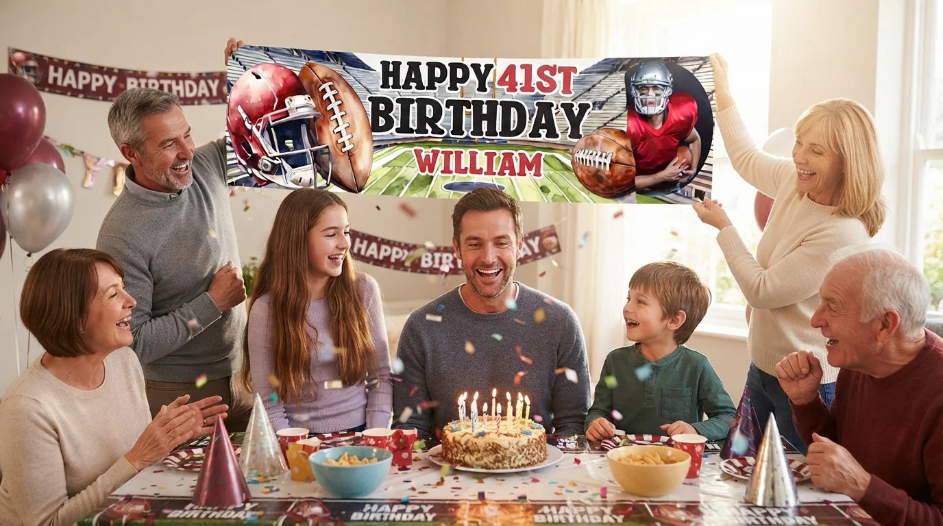 Friends and family celebrating with the personalised American Football Theme Birthday Party Banner