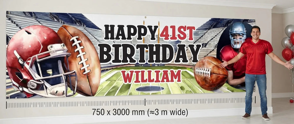 Person standing beside the American Football Theme Birthday Party Banner for scale, with size guide showing 750 x 3000 mm
