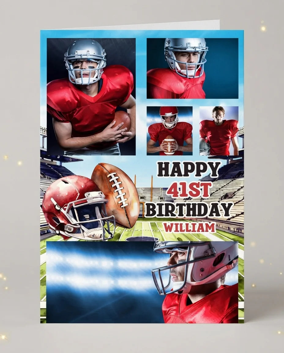 Personalised American Football Theme Birthday Party Mega Card displayed against a plain studio background
