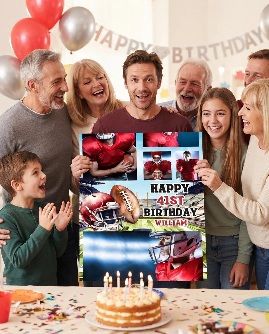 Friends and family celebrating with the personalised American Football Theme Birthday Party Mega Card