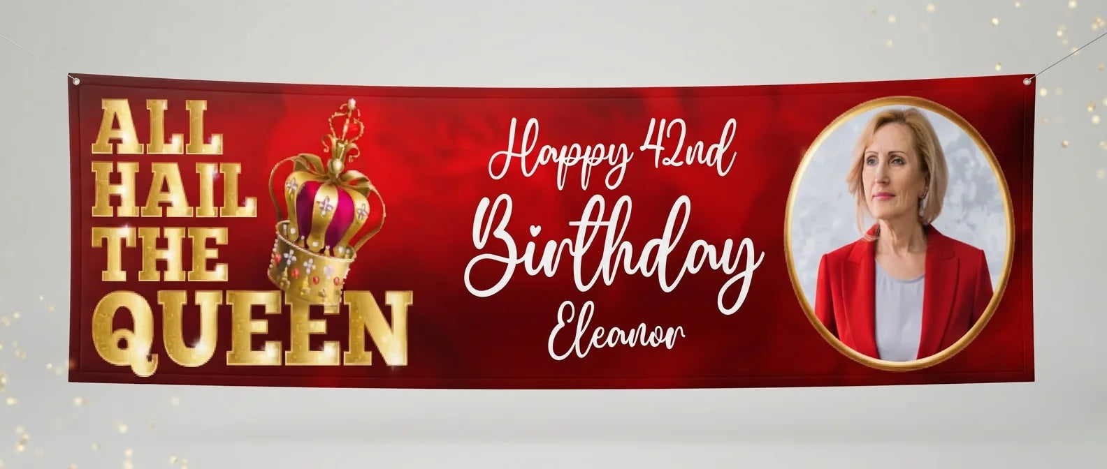 Personalised All Hail The Queen Birthday Party Banner displayed against a plain studio background