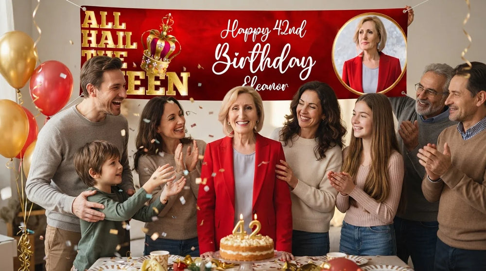 Friends and family celebrating with the personalised All Hail The Queen Birthday Party Banner