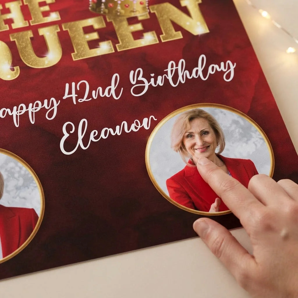 Close-up of the personalised name and photo printed on the All Hail The Queen Birthday Party Mega Card