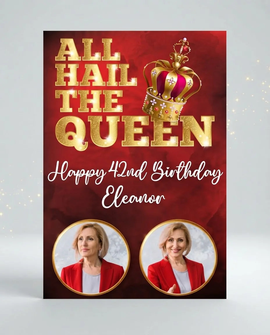 Personalised All Hail The Queen Birthday Party Mega Card displayed against a plain studio background