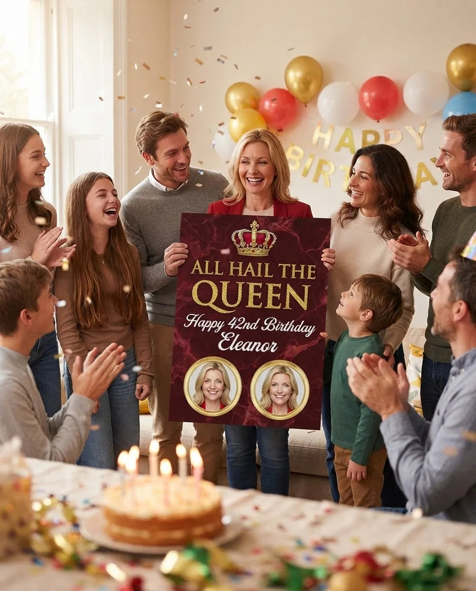 Friends and family celebrating with the personalised All Hail The Queen Birthday Party Mega Card
