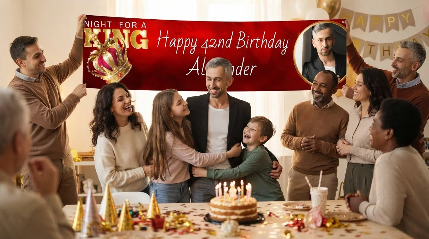Friends and family celebrating with the personalised Night For a King Birthday Party Banner