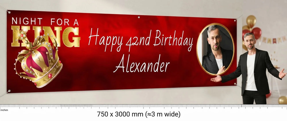 Person standing beside the Night For a King Birthday Party Banner for scale, with size guide showing 750 x 3000 mm