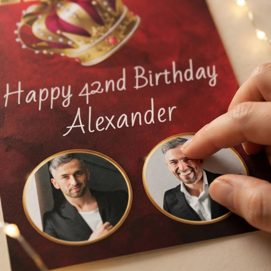 Close-up of the personalised name and photo printed on the Night For a King Birthday Party Mega Card