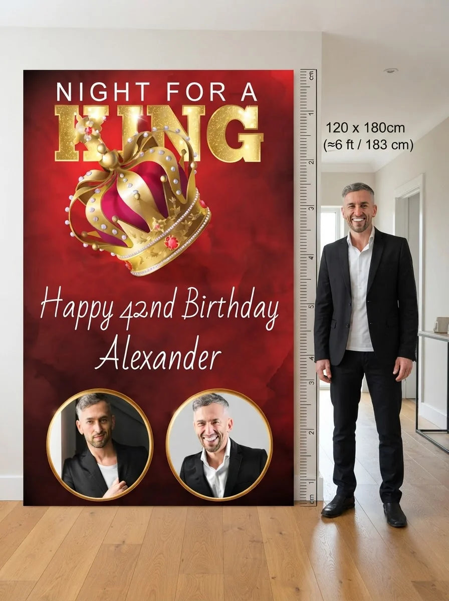 Person standing beside the Night For a King Birthday Party Mega Card for scale in a size guide