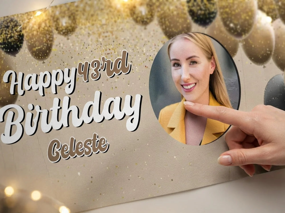 Close-up of the personalised name and photo printed on the Gold Brown Black Theme Birthday Party Banner