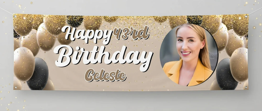 Personalised Gold Brown Black Theme Birthday Party Banner displayed against a plain studio background