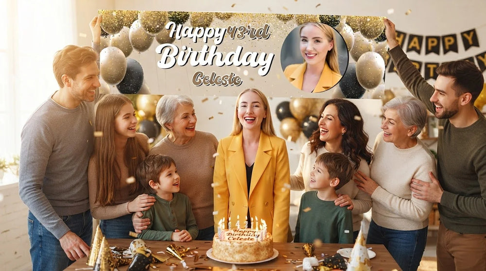 Friends and family celebrating with the personalised Gold Brown Black Theme Birthday Party Banner