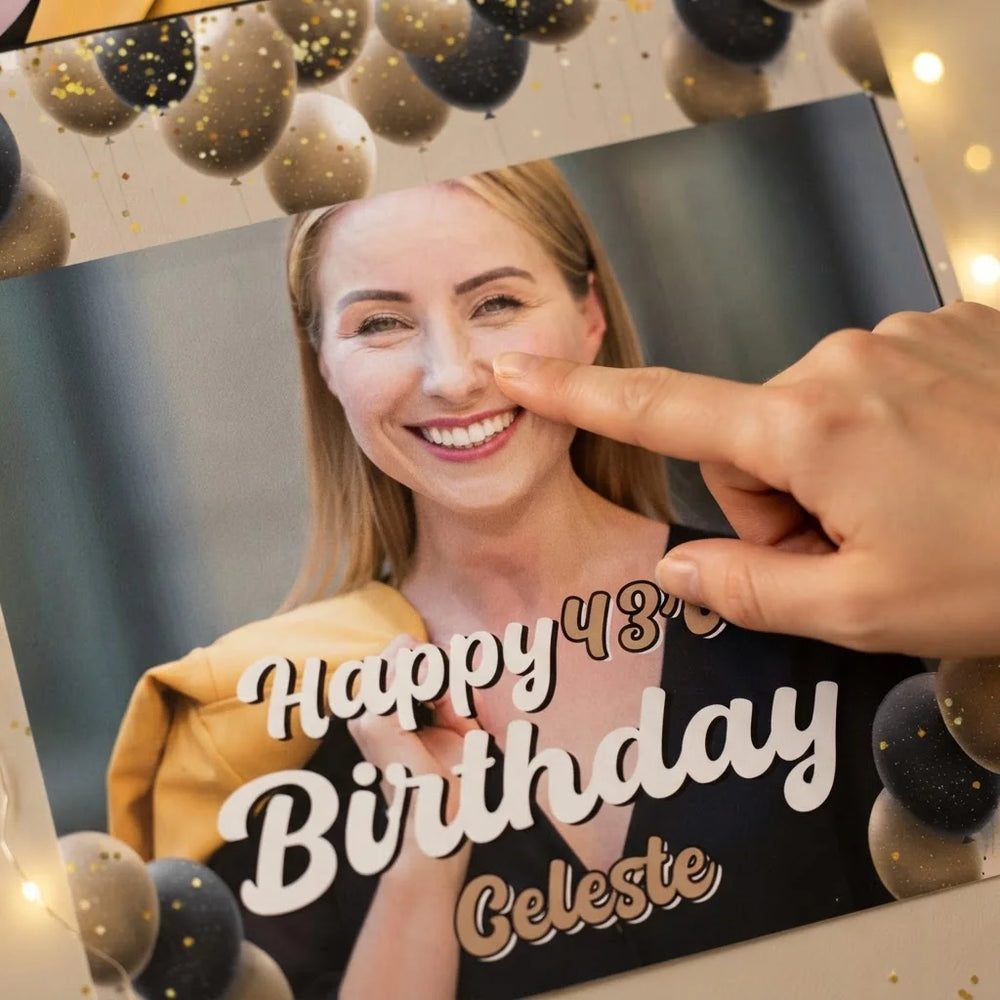 Close-up of the personalised name and photo printed on the Gold Brown Black Theme Birthday Party Mega Card