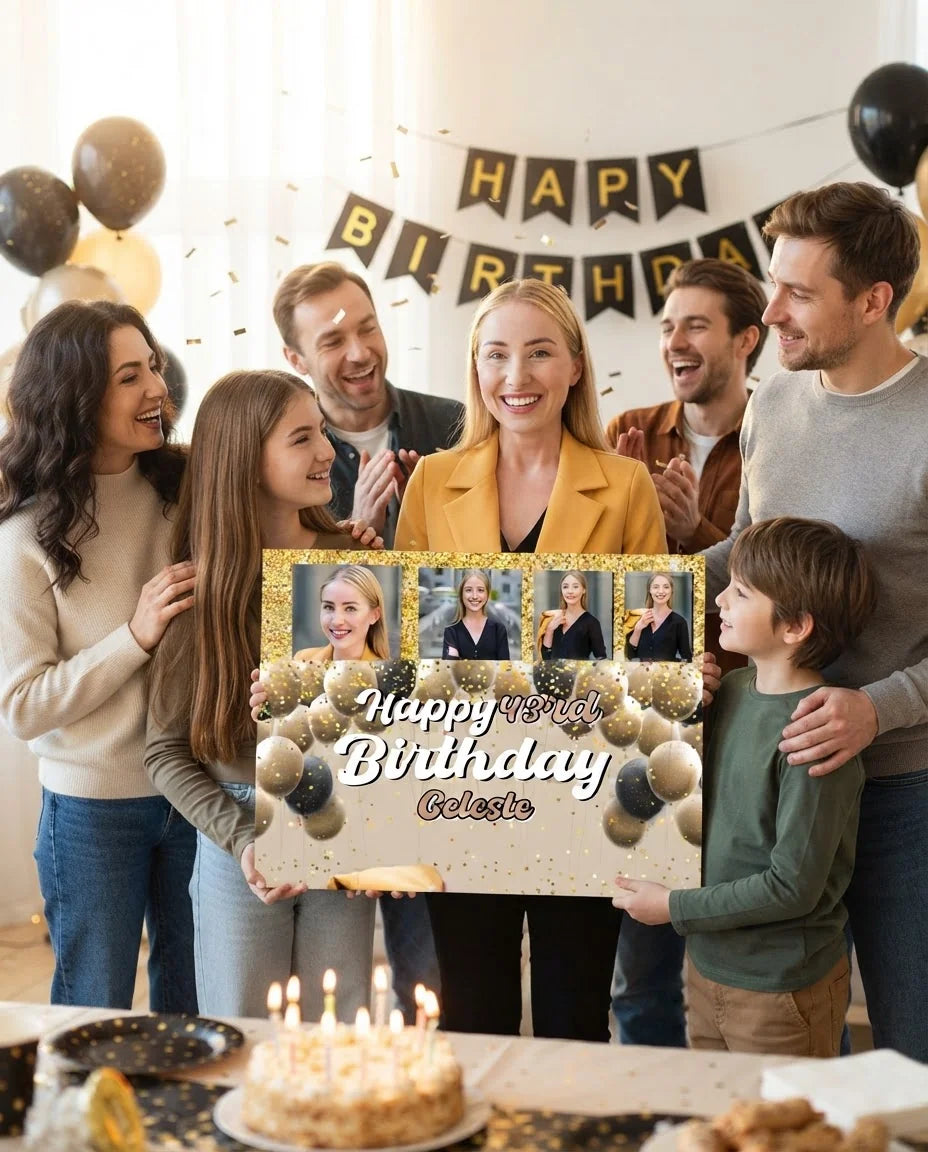 Friends and family celebrating with the personalised Gold Brown Black Theme Birthday Party Mega Card