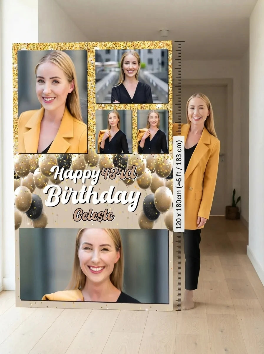 Person standing beside the Gold Brown Black Theme Birthday Party Mega Card for scale in a size guide